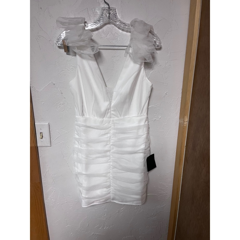 Lulus White Ruched Mesh Mini Dress V-Neck‎ Ruffle Shoulder Bridal Size S NEW